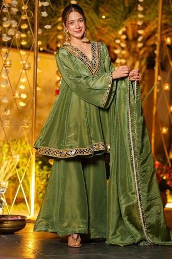 Green silk readymade suit with real mirror work