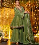 Green silk readymade suit with real mirror work