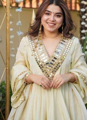 White silk readymade suit with real mirror  2