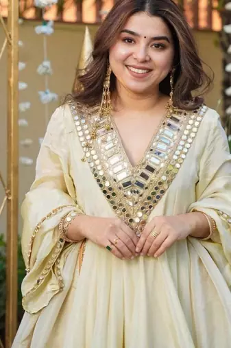 White silk readymade suit with real mirror 