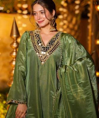Green silk readymade suit with real mirror  2