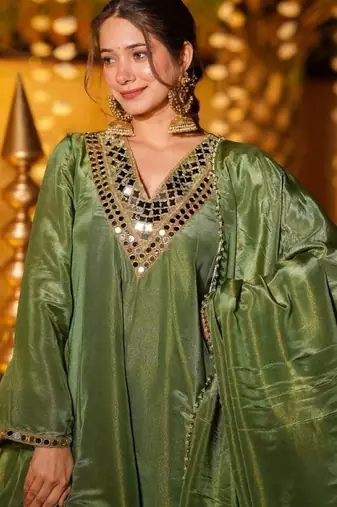 Green silk readymade suit with real mirror 
