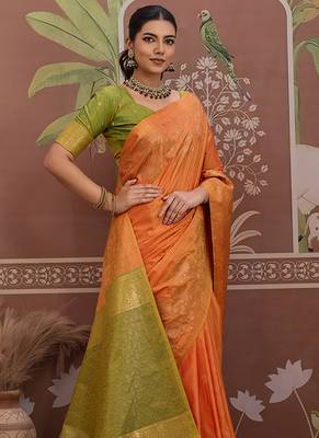 Tussar silk blend orange weaving traditional saree 2
