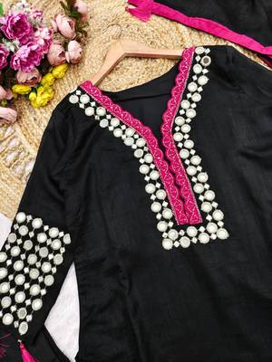 Black vichitra silk readymade suit with thread embroidery  3