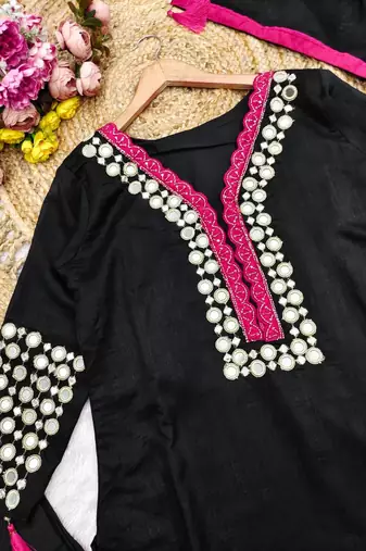Black vichitra silk readymade suit with thread embroidery 
