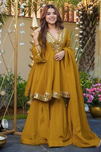 Mustard silk readymade suit with real mirror work