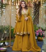 Mustard silk readymade suit with real mirror work