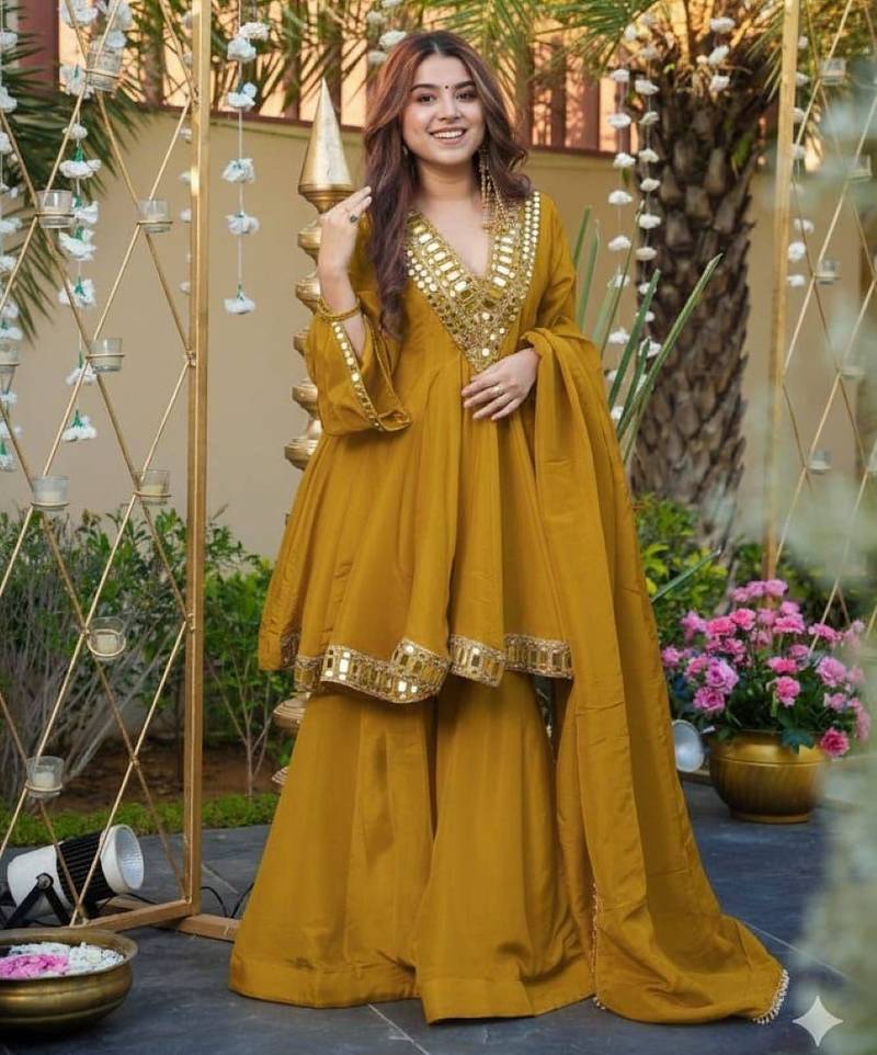 Mustard silk readymade suit with real mirror work