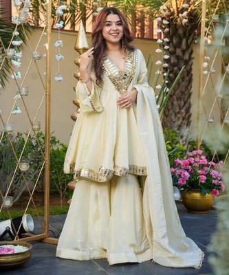 White silk readymade suit with real mirror  3
