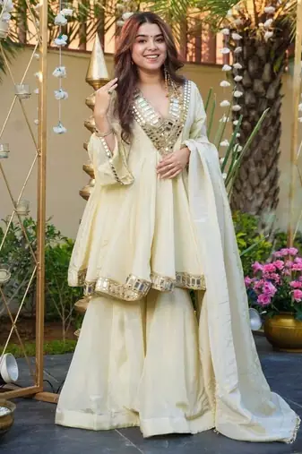 White silk readymade suit with real mirror 