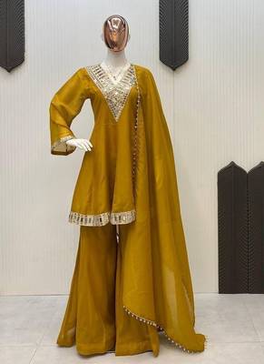 Mustard silk readymade suit with real mirror  2