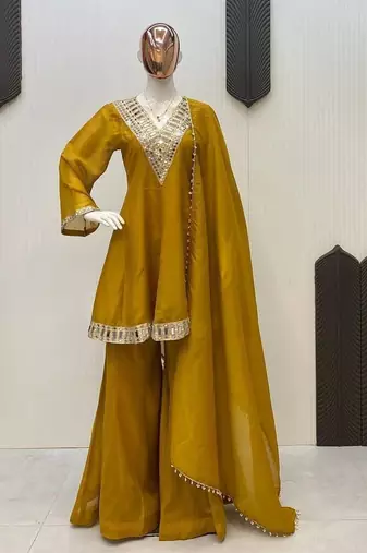 Mustard silk readymade suit with real mirror 