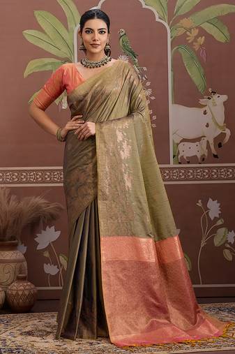 Tussar silk olive weaving traditional saree