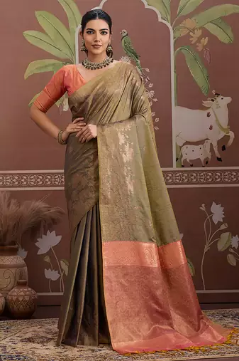 Tussar silk olive weaving traditional saree