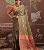 Tussar silk olive weaving traditional saree