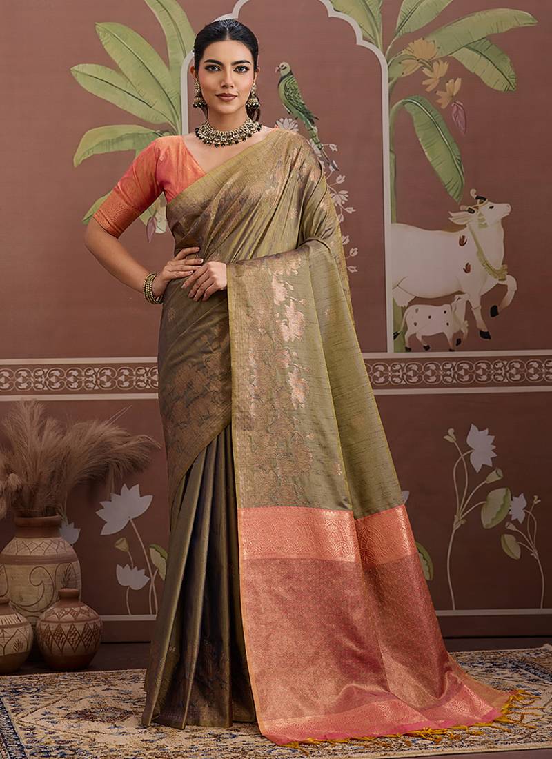 Tussar silk olive weaving traditional saree