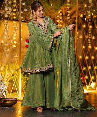 Green silk readymade suit with real mirror  3