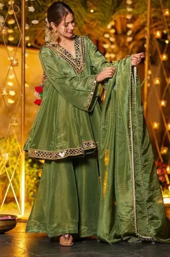 Green silk readymade suit with real mirror 