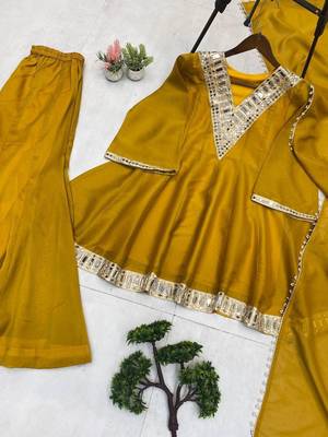 Mustard silk readymade suit with real mirror  3