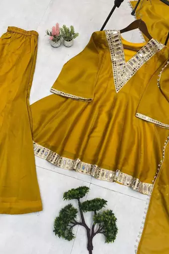 Mustard silk readymade suit with real mirror 
