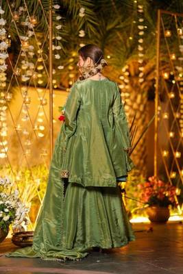 Green silk readymade suit with real mirror  4