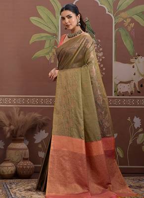 Tussar silk blend olive weaving traditional saree 2