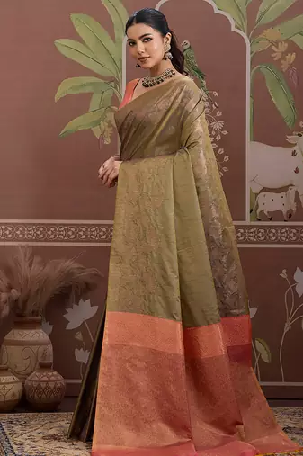 Tussar silk blend olive weaving traditional saree
