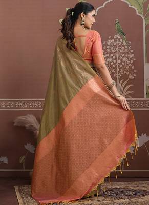 Tussar silk blend olive weaving traditional saree 3