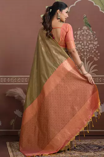 Tussar silk blend olive weaving traditional saree