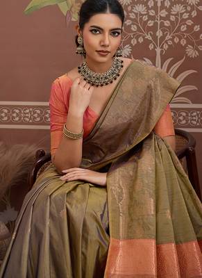 Tussar silk blend olive weaving traditional saree 4