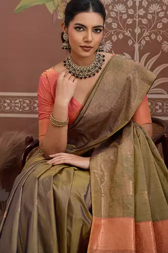 Tussar silk blend olive weaving traditional saree