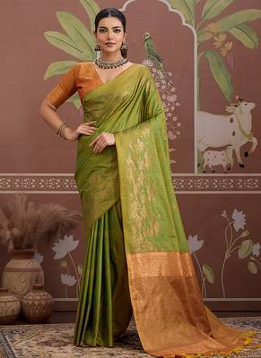 Tussar silk blend green weaving traditional saree 1