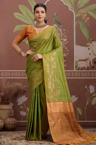 Tussar silk green weaving traditional saree