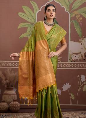 Tussar silk blend green weaving traditional saree 2