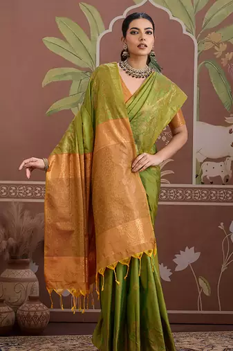 Tussar silk blend green weaving traditional saree