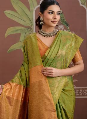 Tussar silk blend green weaving traditional saree 4