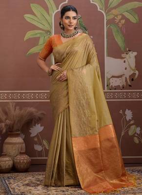 Tussar silk blend beige weaving traditional saree 1