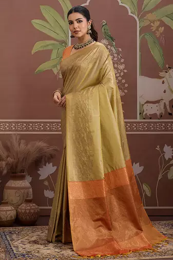 Tussar silk blend beige weaving traditional saree