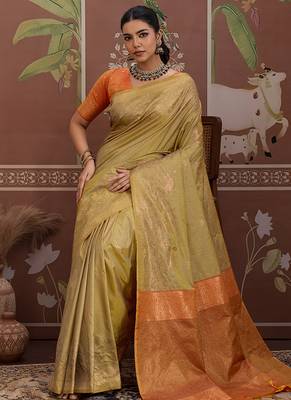 Tussar silk blend beige weaving traditional saree 3