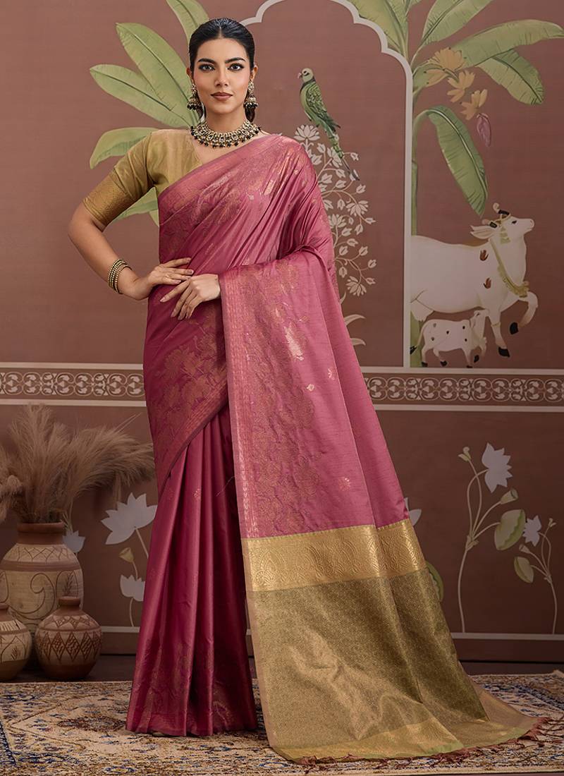 Tussar silk onion pink weaving traditional saree