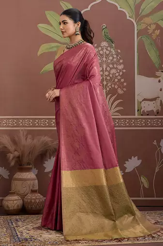 Tussar silk blend onion pink weaving traditional saree