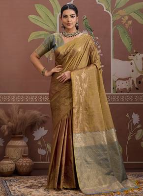 Tussar silk blend dark beige weaving traditional saree 1