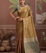 Tussar silk dark beige weaving traditional saree