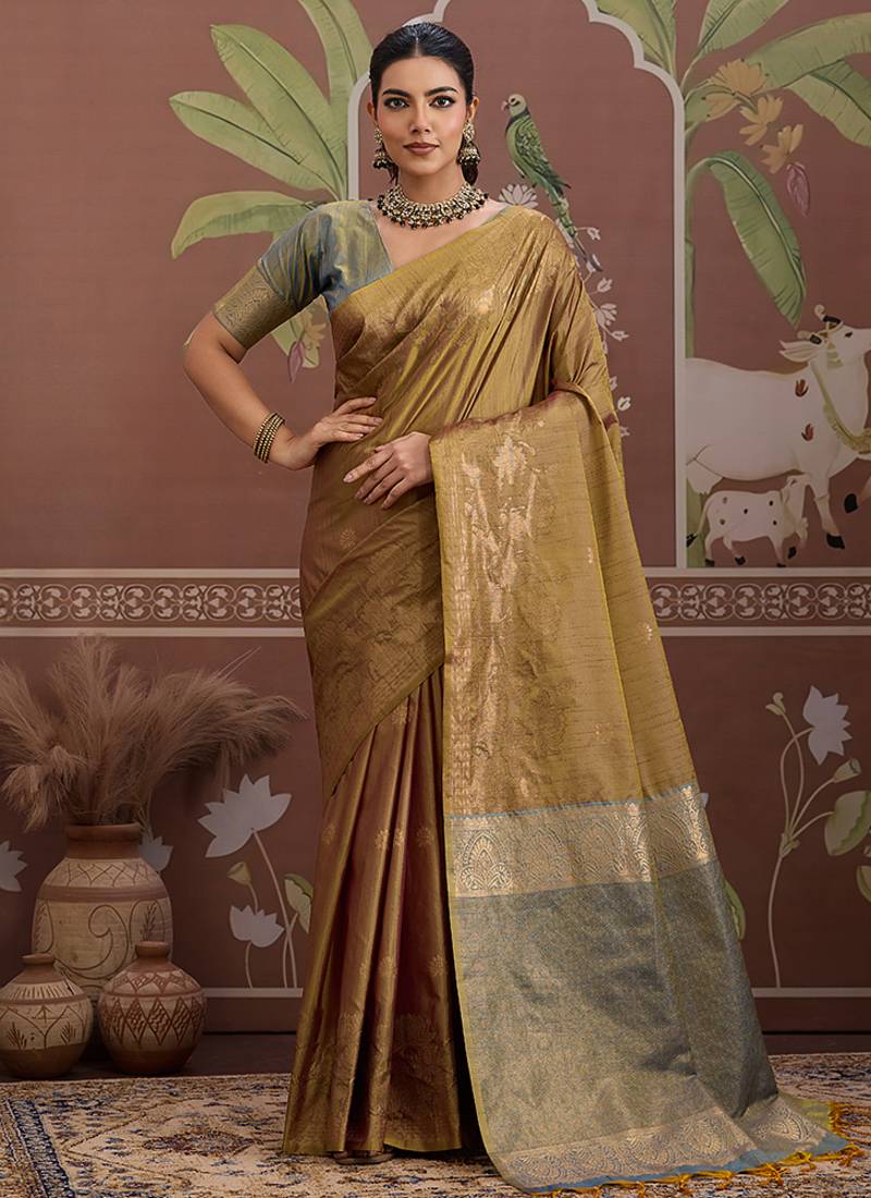 Tussar silk dark beige weaving traditional saree
