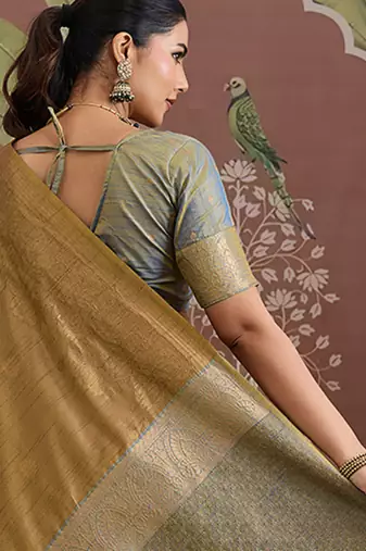 Tussar silk blend dark beige weaving traditional saree