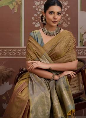 Tussar silk blend dark beige weaving traditional saree 4