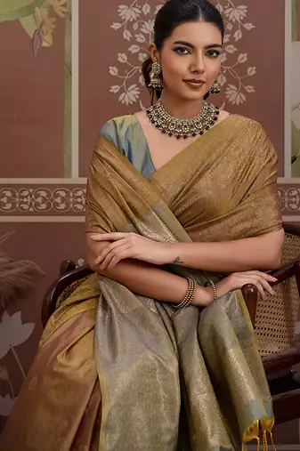 Tussar silk blend dark beige weaving traditional saree