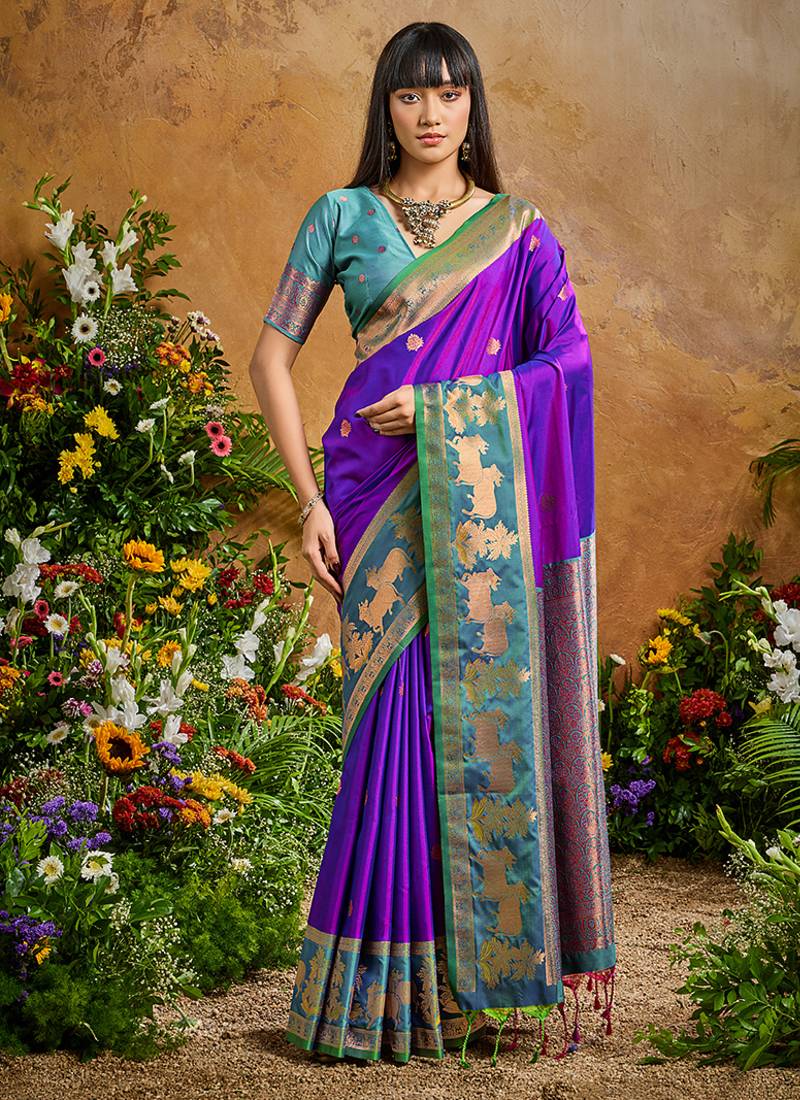 Purple handloom weaving silk blend saree