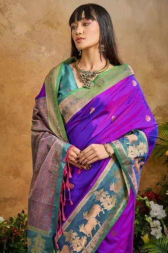 Purple handloom weaving silk blend saree