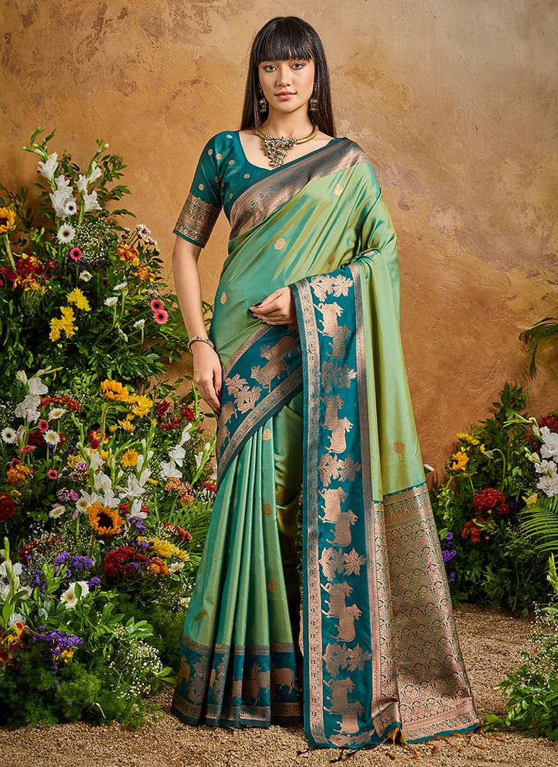 Light green handloom weaving silk blend saree